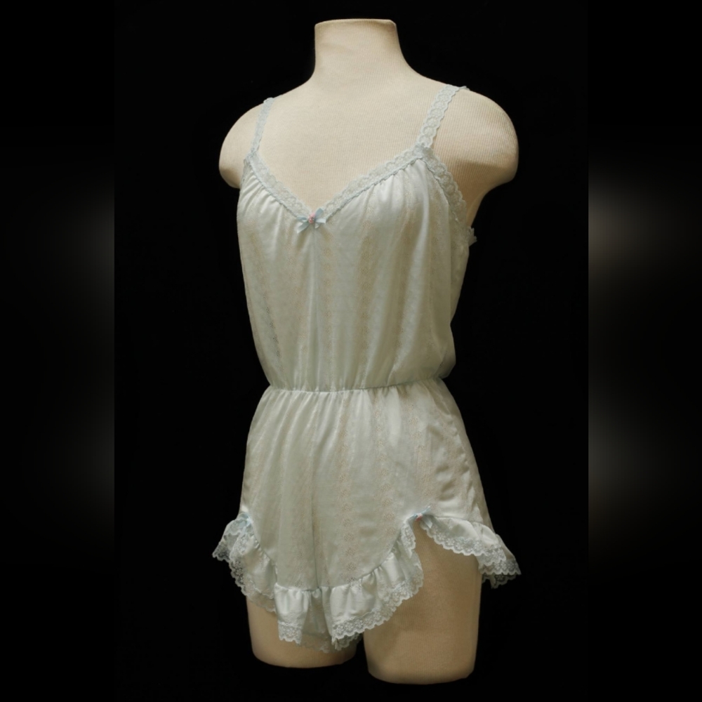 80s Baby Blue Lace Teddy Romper, Chemise
